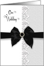 Our Wedding Invitation, Black/Jewel Faux Bow, White Lace Faux Trim card