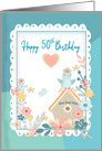 Birthday,50th, Watercolor Flowers, Birdhouse. Woman card