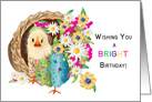 Birthday, Bright Chick in Kaleidoscope Like Design with Flowers card