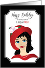 Birthday for Lady in Red, Lady Wearing Red Hat with Flower card
