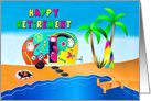 Happy Retirement, Hippie Camper and Campsite by Water, Surf Boards card