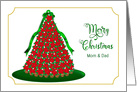 Christmas, Mom & Dad, Red Poinsettia Christmas Tree, Gold Border card