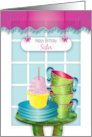 Birthday Sister Window Scene with Cupcake and Stacked Cups card