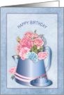 Birthday Old Fashion Coffee Pot with Pink and Blue Flowers card