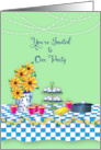 Party Invitation Sunflowers String Lights Table Cupcakes Beverages card