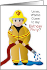 Birthday Party Invitation Firefighter Holding Hose Dripping Water card