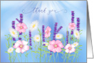Thank You Garden of Pink Purple and White Flowers Isolated on Blue card
