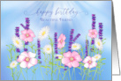 Birthday Friend Garden Pink Purple and White Flowers Isolated on Blue card