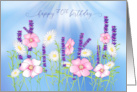 Birthday 70th Garden Pink Purple and White Flowers Isolated on Blue card