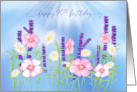 Birthday 90th Garden Pink Purple White Flowers Isolated on Blue card