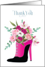 Thank You Fashion Fuchsia High Heel with Bouquet of Flowers card