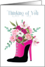 Thinking of You Fashion Fuchsia High Heel with Bouquet of Flowers card