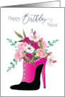 Birthday Niece Fashion Fuchsia High Heel with Bouquet of Flowers card