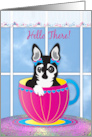 Hello There Small Black Terrier Dog Inside Cup in Front of Window card