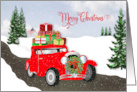 Christmas Retro Car Loaded with Presents on Top Snow Scene USA Flag card