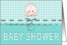 Baby Shower Invitation Aqua Teal Gingham Scallop Border with Baby Face card