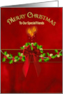 Christmas Friends Lit Candles on Red Background and Holly card
