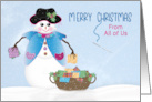 Christmas From All of Us Lady with Basket Quilting Squares Snow Scene card