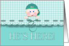Announcment New Baby Boy Aqua Teal Scallop Border Baby Face Hat card
