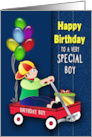 Birthday Boy Small Boy Sitting in Red Wagon Gift and Balloons card