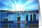Birthday Seagulls Perched on Bulkheads with Ships Docked Blue Sunset card
