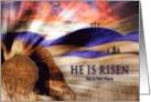 Easter He Is Risen Tomb with Stone Rolled Away and Bright Light Cross card