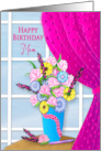 Birthday Mom Fresh Cut Flowers by Window and Bright Fuchsia Drapes card