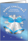 Christmas Brother and family, Silver Decorated Bells with Blue Ribbon card