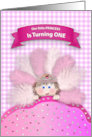 1st Birthday Pary Invitation Little Girl with Crown and Feathers Pinks card