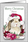 Christmas NIECE Bunny Santa Hat Poinsettias Berries card