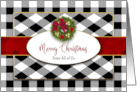 Christmas From All of Us Black and White Plaid Faux Red Ribbon Wreath card