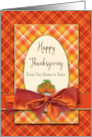 Happy Thanksgiving Our Home to Yours Orange Plaid Faux Bow Pumpkins card