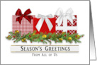 Christmas Seasons Greetings Business Garland Presents Bows Red Plaid card