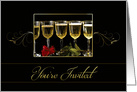 Party Invitation - Wine Glasses, Red Rose, Gold Text card