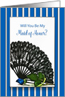 Bridal Party, Maid Of Honor, Black Lace Fan, Blue Stripes and Rose card