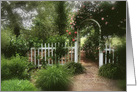 Dreamy Garden with picket fence and trellis covered in roses. Blank card