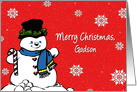 Christmas, Godson, Snowman isolated on red with snowflakes card