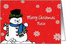 Christmas, Niece, Snowing with snowman isolated on red background card