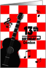 13th Birthday Grandson, Black Acoustic Guitar on Red and White Squares card
