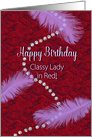 Birthday, Classy Lady in Red, Purple Feathers and Faux Diamonds card