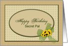 Birthday, Secret Pal, Sunflowers and Green Bow Oval, Beige Patterns card