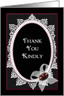 Thank You, Victorian Flare with Lace, Ribbon on Black, Blank Inside card