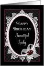 Birthday,Beautiful Lady, Victorian Flare with Bow and Gem on Black card