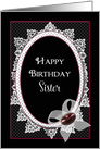 Birthday, Sister, Victorian Flare with Lace, Ribbon and Gem on Black card
