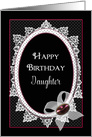 Birthday, Daughter, Victorian Flare with Lace, Ribbon & Gem on Black card