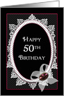 Birthday, 50th, Victorian Flare with Lace, Bow and Faux Gem on Black card
