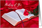 Thinking of You, Secret Pal, Bible Open with Red Rose on Silk card