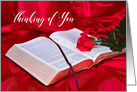 Thinking of You , Religious, Bible Opened with Red Rose on Silk,Blank card
