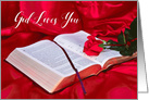 God Loves You, Encourage, Religious, Bible with Red Rose on Red Silk card