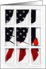 Thinking of You Patriotic Christmas Window Pane, Flag and Red Cardinal card